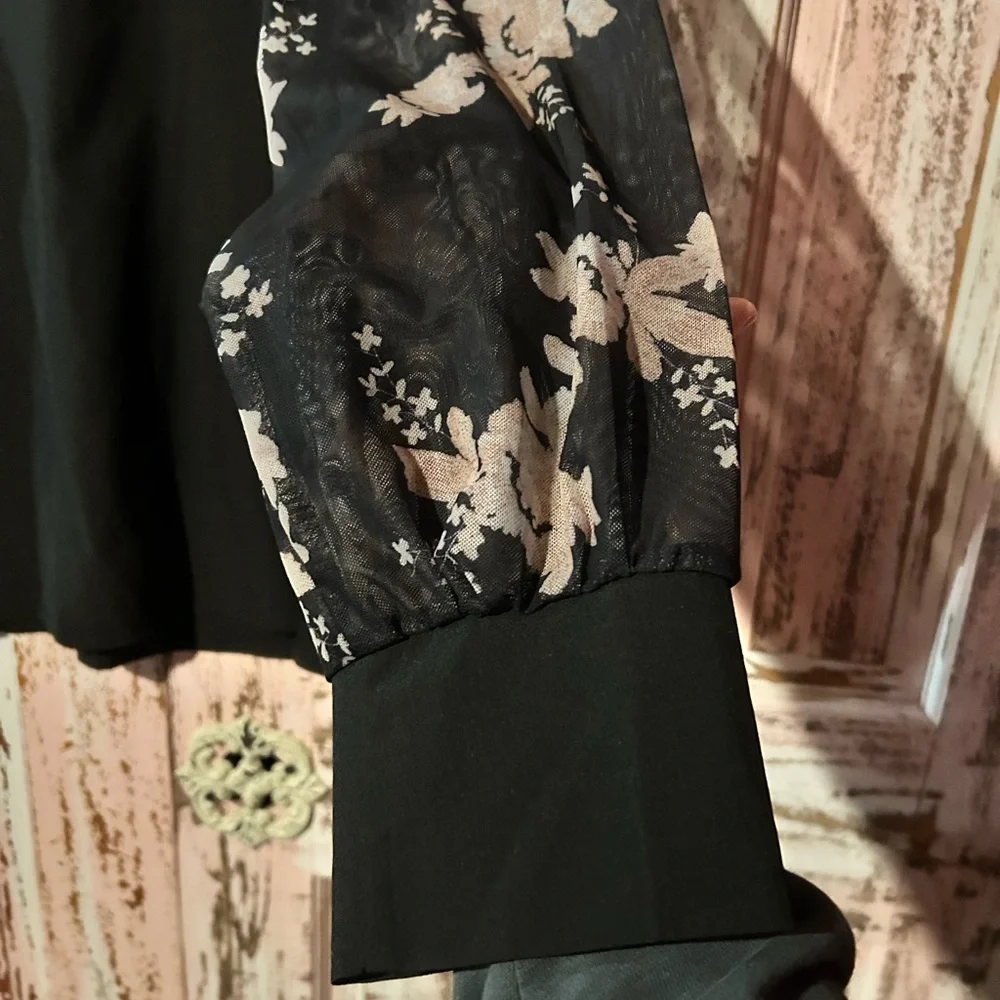 Women’s Black Blouse with Floral Sheer Sleeves